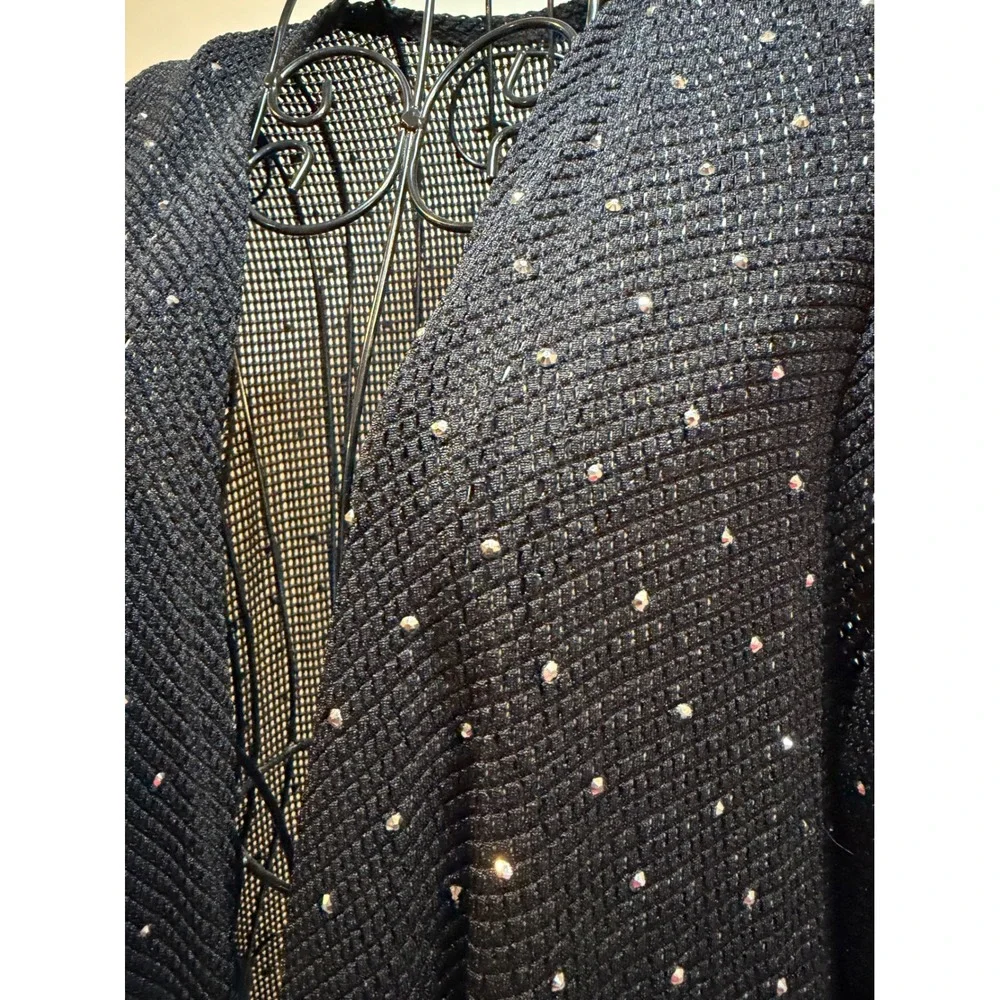 Womens Black Mesh Rhinestone Open Front Cardigan‎ Metallic Knit Draped Shimmer